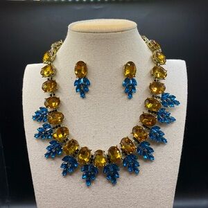 Gold and Turquoise Blue Rhinestone Statement Necklace and Earrings Set
